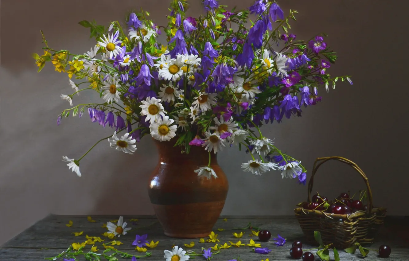 Photo wallpaper summer, flowers, cherry, chamomile, bouquet, basket