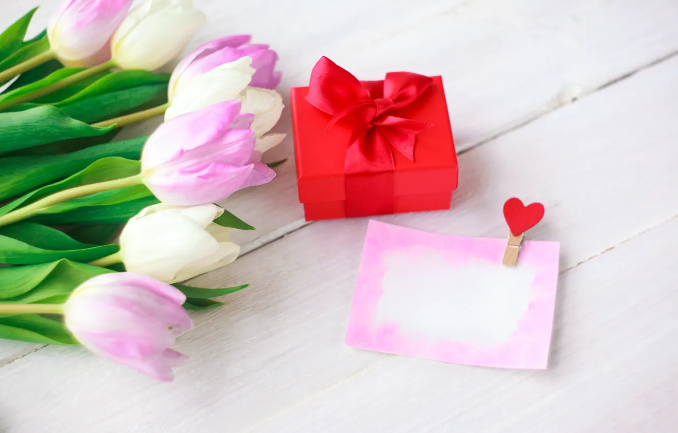 Photo wallpaper love, flowers, gift, heart, bouquet, tulips, love, pink