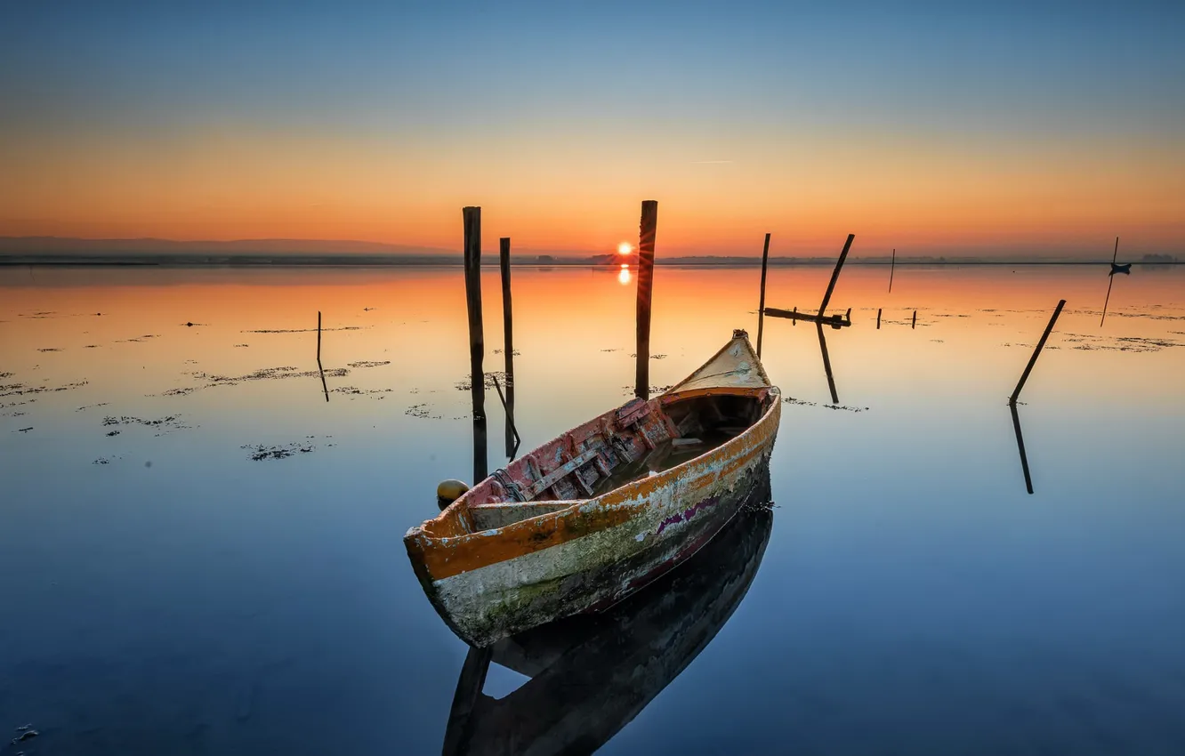 Photo wallpaper night, lake, boat