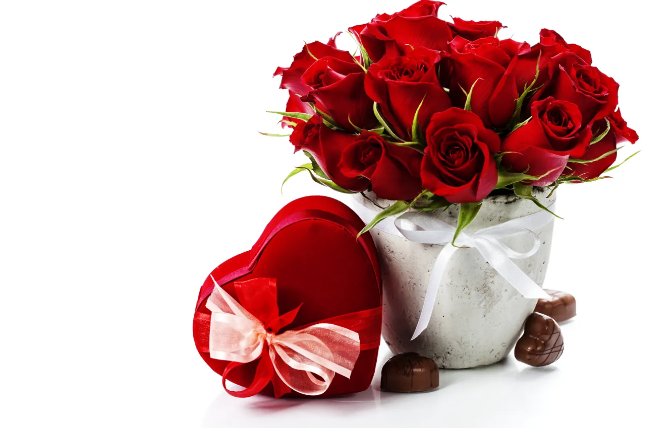 Photo wallpaper flowers, photo, heart, roses, candy, gifts, bow, holidays