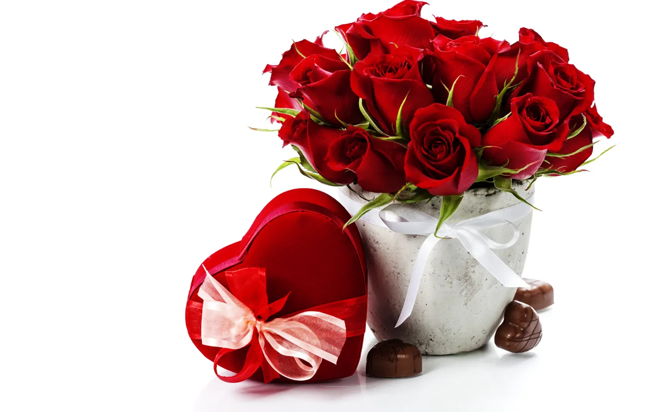 Photo wallpaper flowers, photo, holiday, gift, heart, roses, candy, bow
