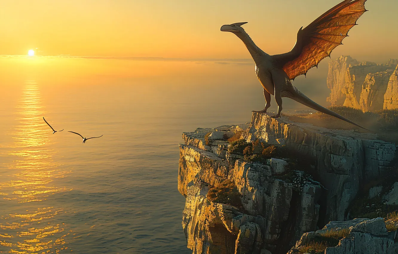 Photo wallpaper sea, the sun, animal, dawn, coast, wings, dinosaur, pterodactyl