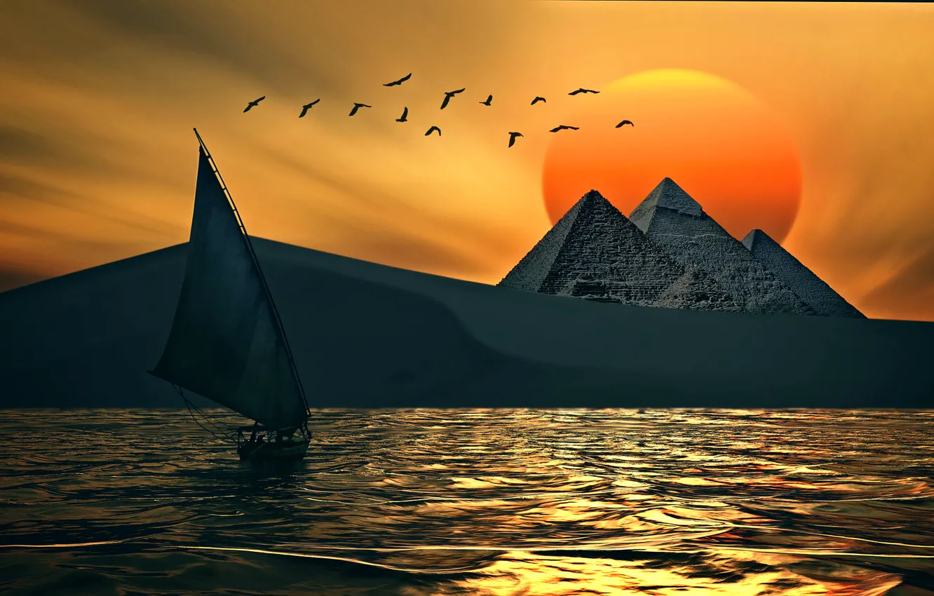 Photo wallpaper the sun, bird, sailboat, pyramid, digital art work, PYRAMIDS MAGIC