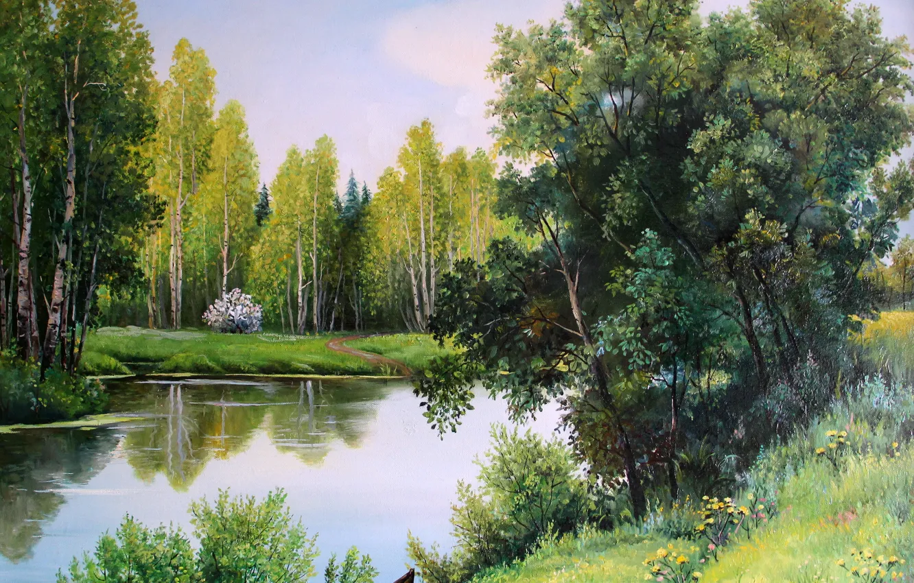 Photo wallpaper forest, trees, landscape, nature, canvas, shore, boat, figure