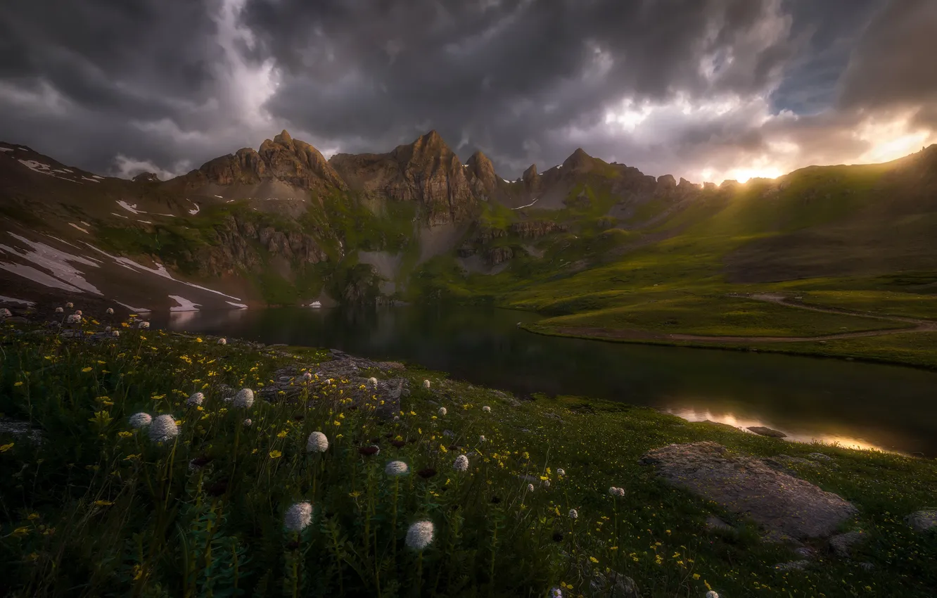 Photo wallpaper landscape, mountains, clouds, nature, lake, vegetation, Colorado, USA