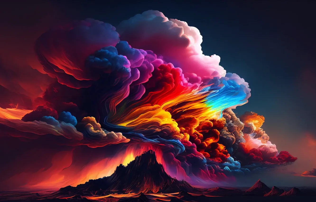 Photo wallpaper clouds, mountains, horizon, the eruption, colorful, mountains, clouds, digital art
