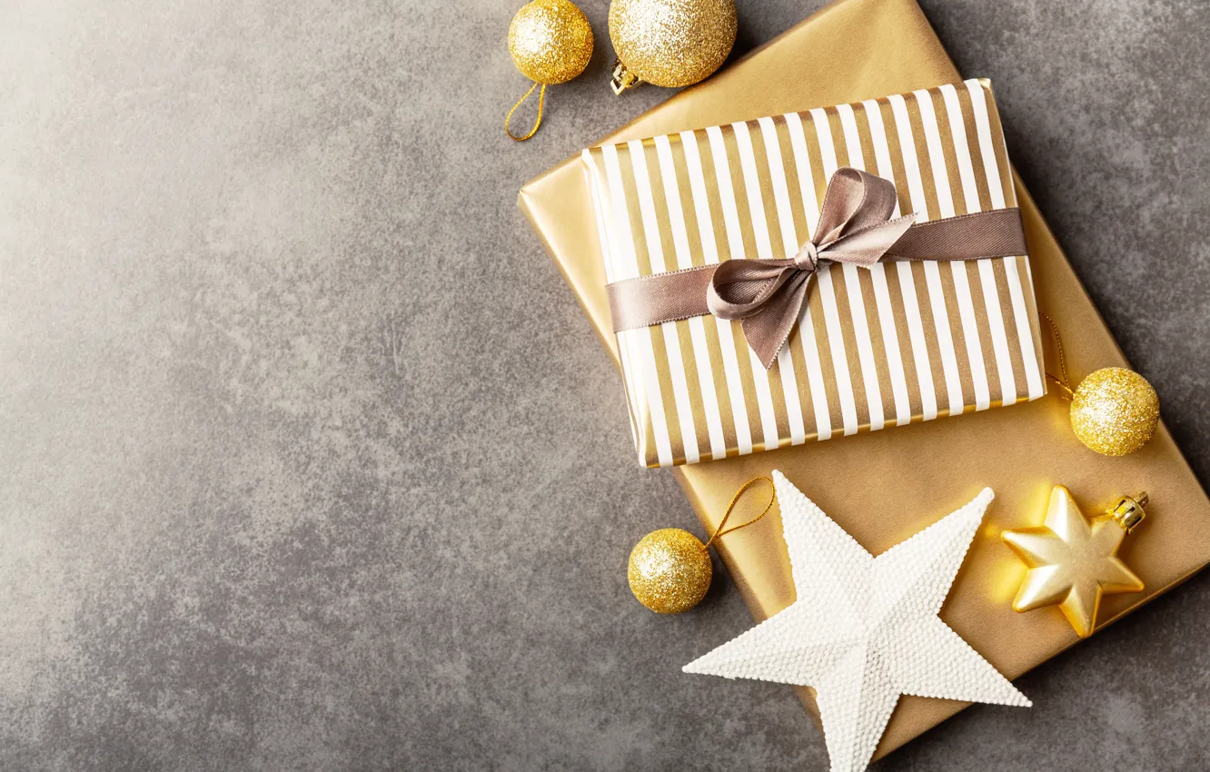 Photo wallpaper decoration, gold, gift, balls, new year, Christmas, golden, Christmas