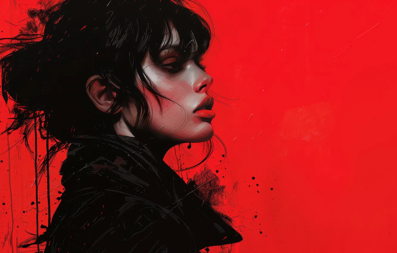 Photo wallpaper red, women, painting, Illustration, black hair, AI Art