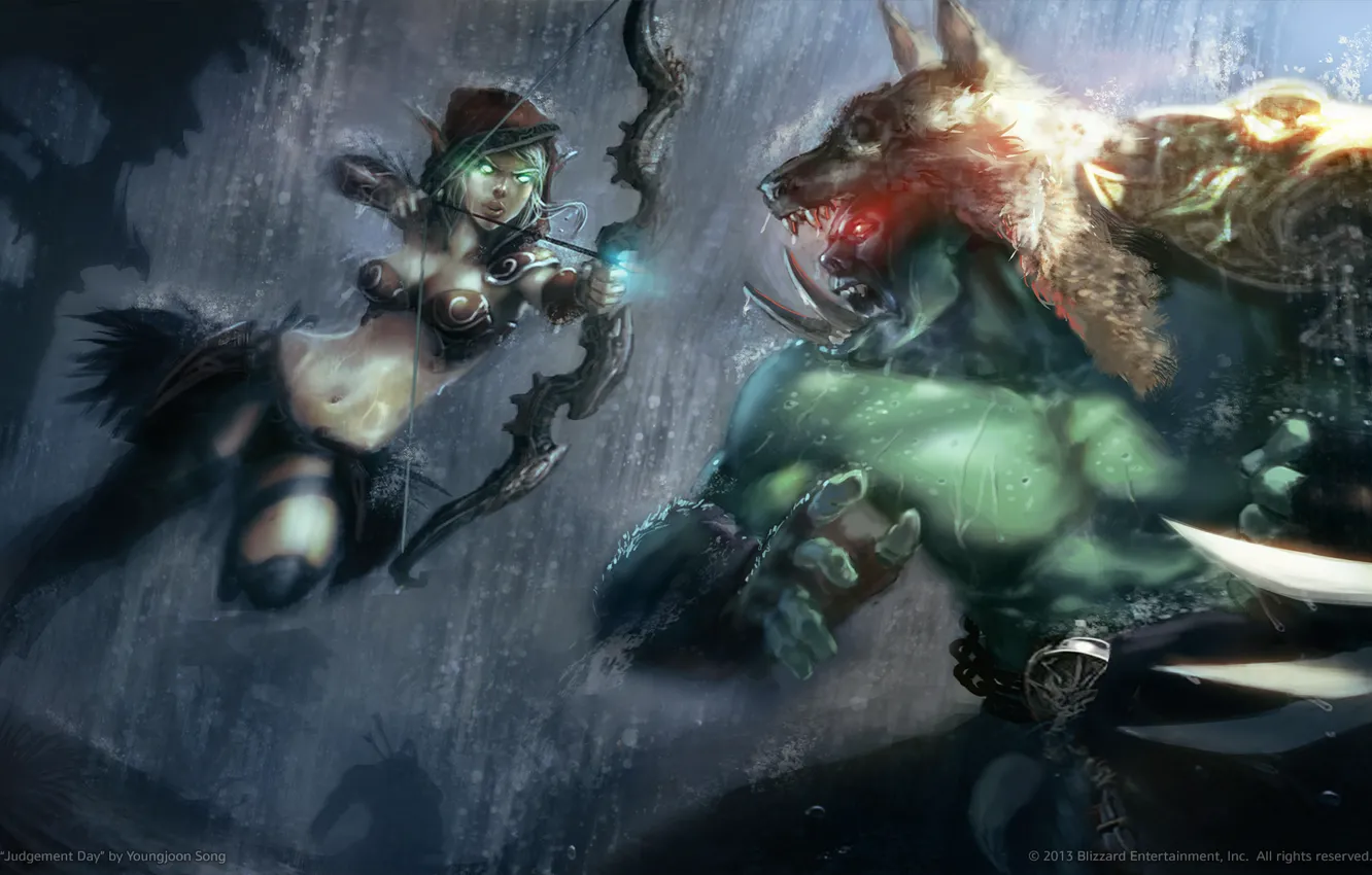 Photo wallpaper rain, art, World of Warcraft, Orc, the blood elf