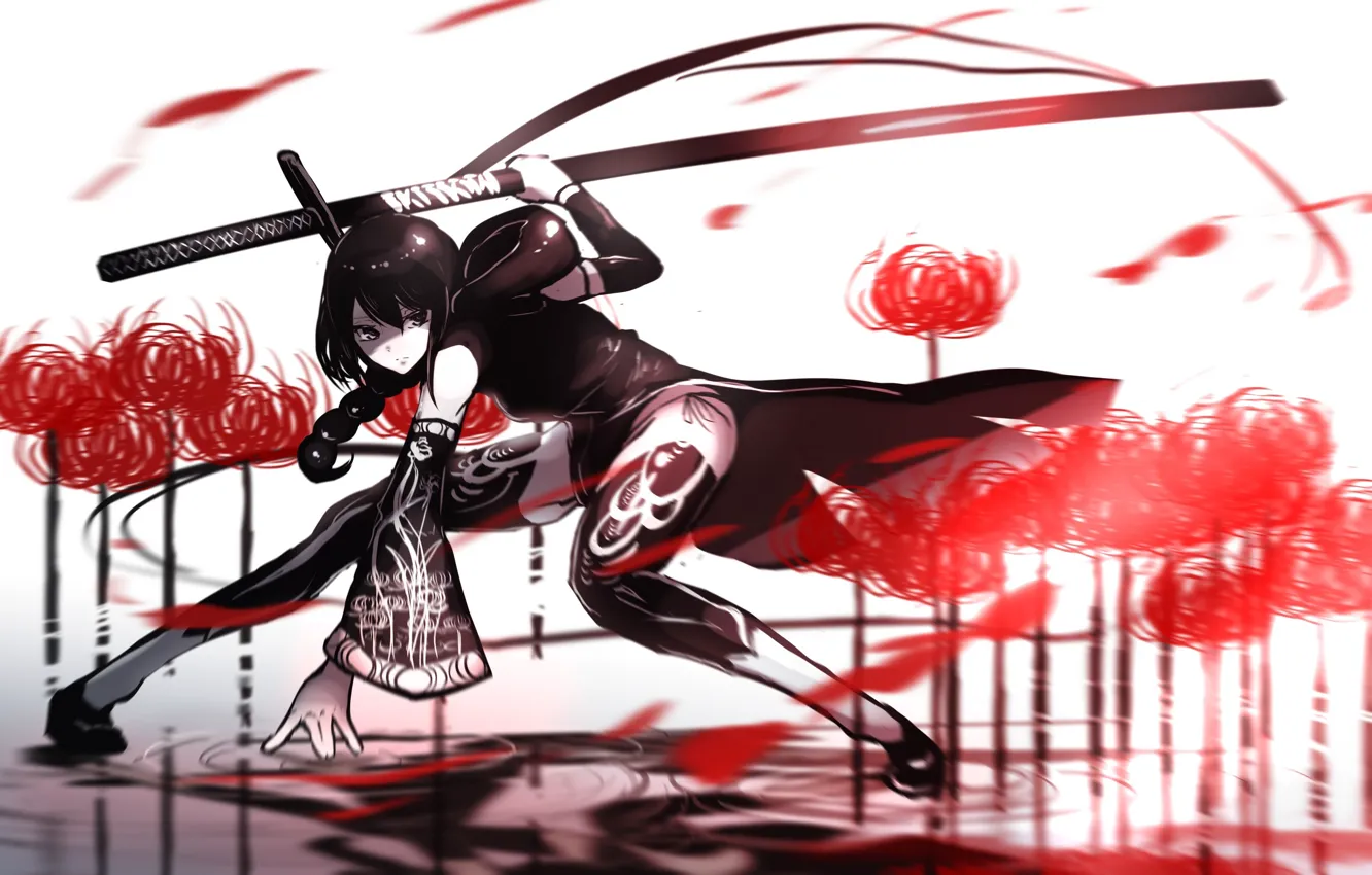 Photo wallpaper girl, flowers, weapons, katana, anime, art, fufu, fufuichi04