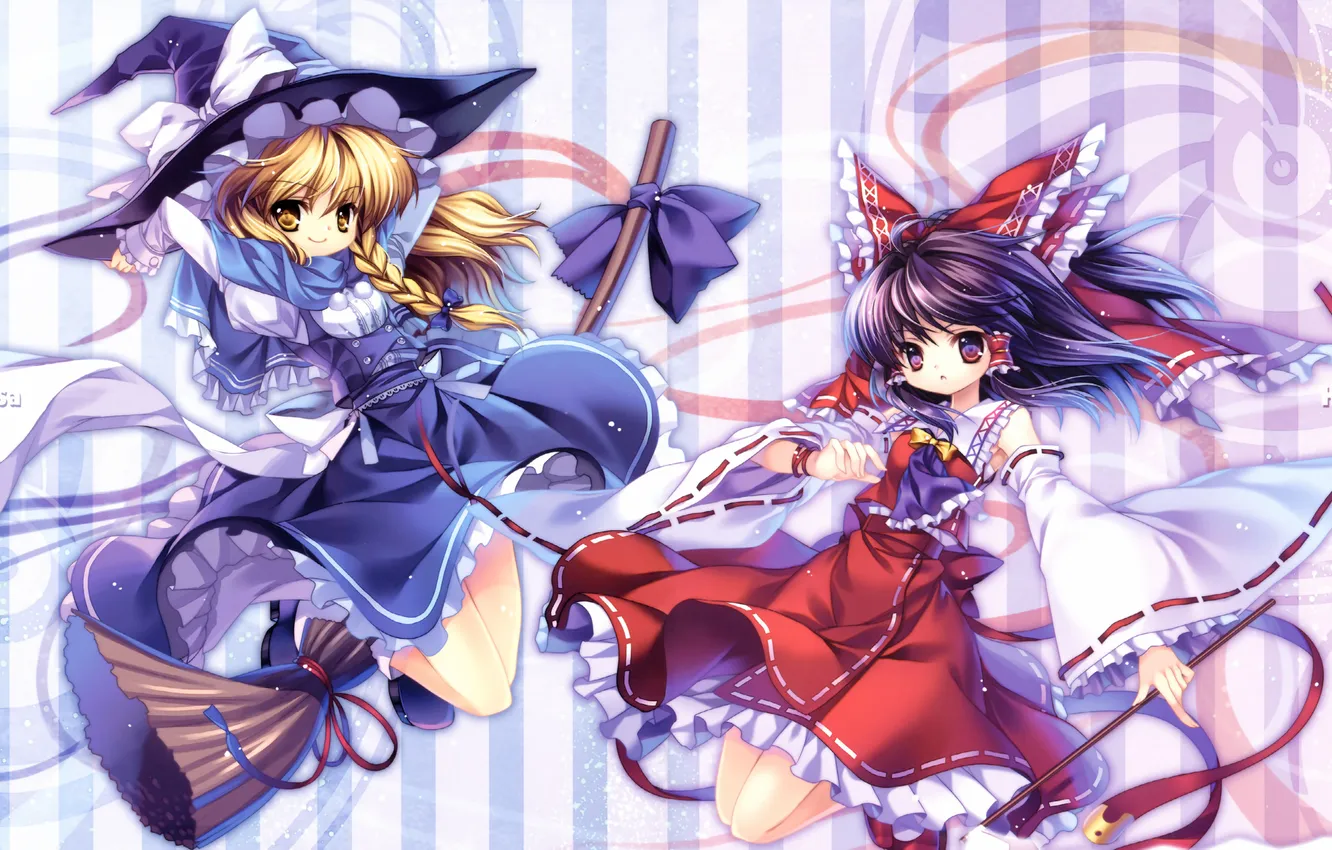 Photo wallpaper girls, hat, art, witch, broom, bow, touhou, kirisame marisa