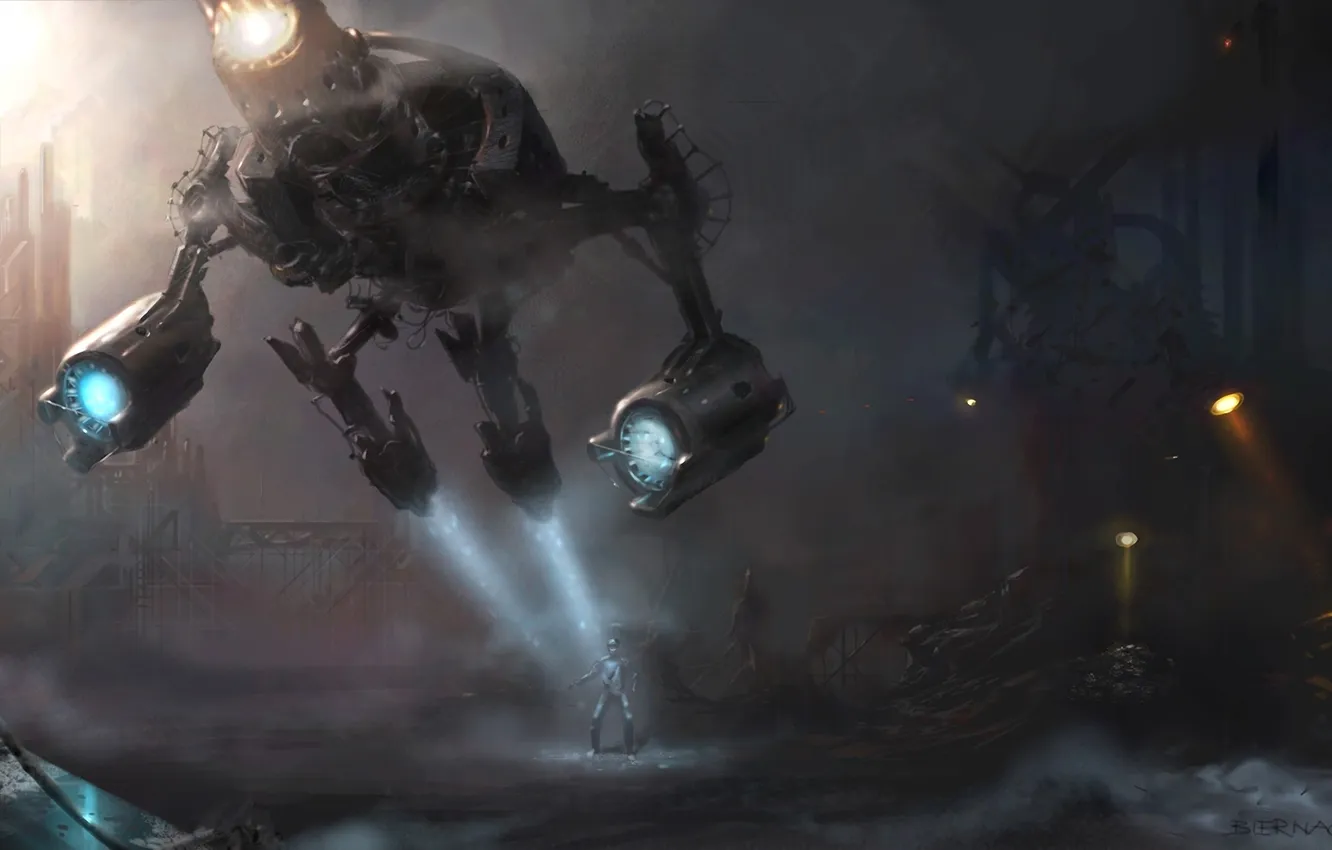 Photo wallpaper machine, night, the city, lights, people, robot, art, the ruins