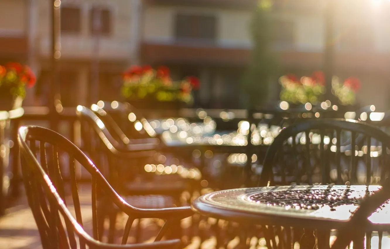 Photo wallpaper the city, photo, focus, chair, table