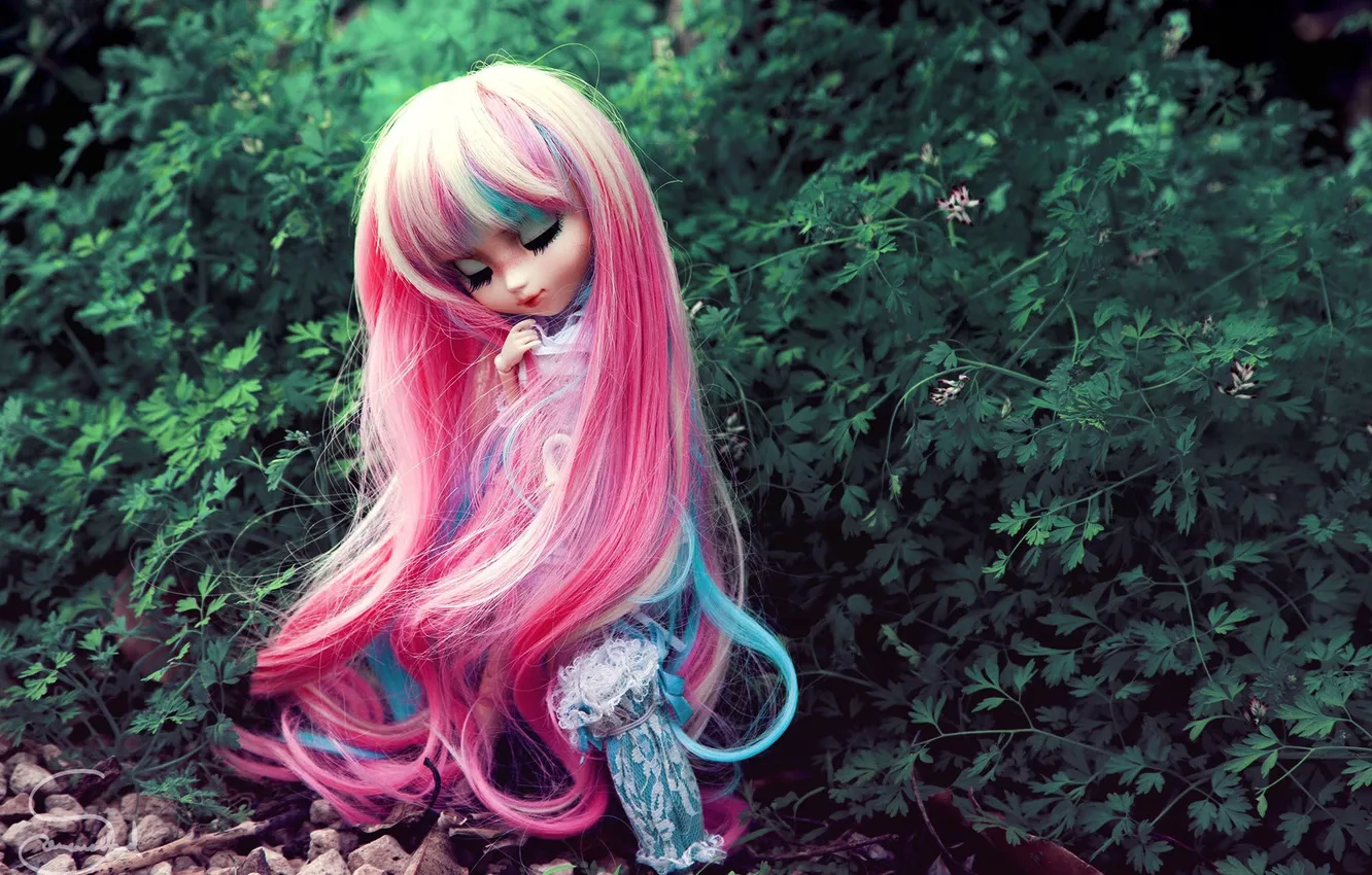 Photo wallpaper toy, doll, pink, sitting, the bushes, long hair