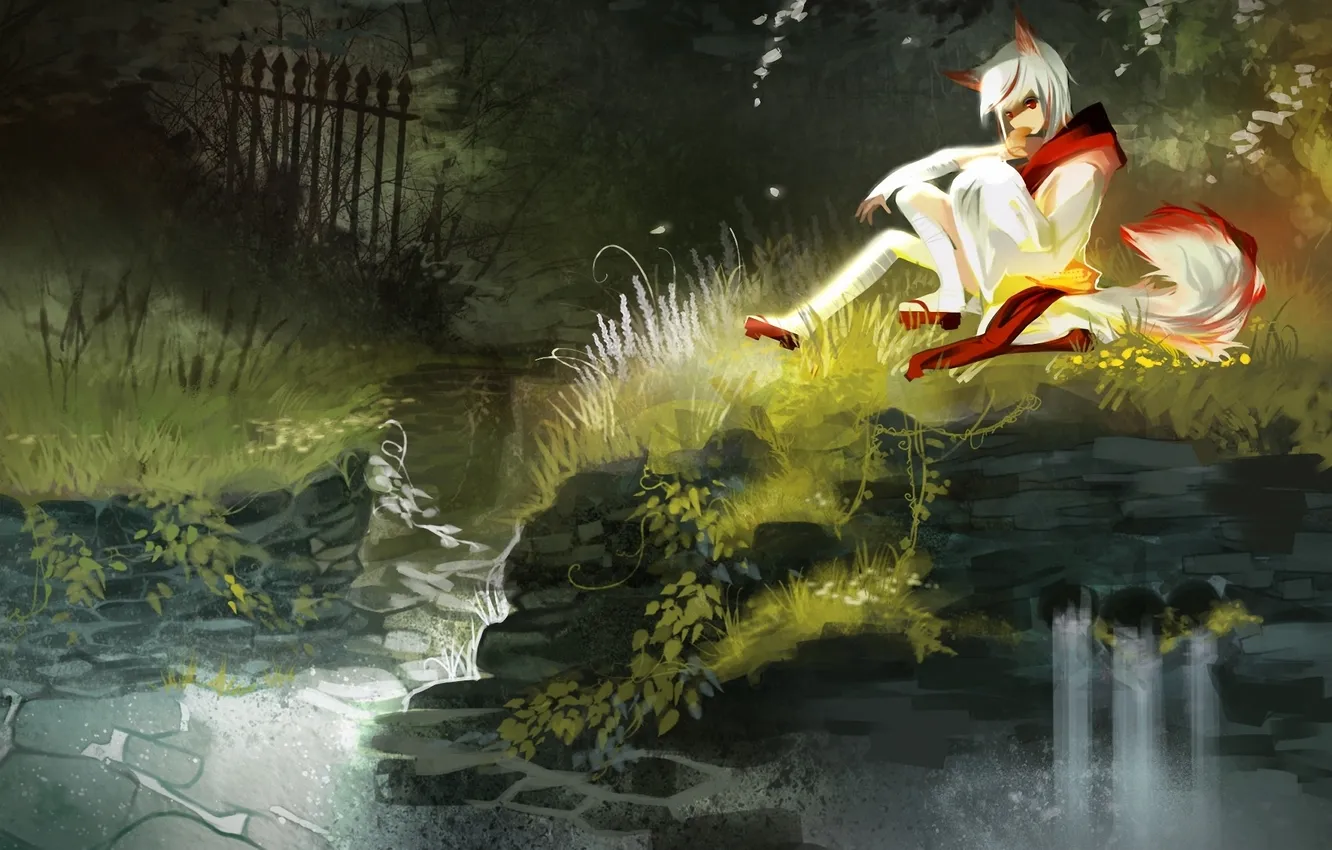 Photo wallpaper girl, nature, river, stream, fence, slope, Fox