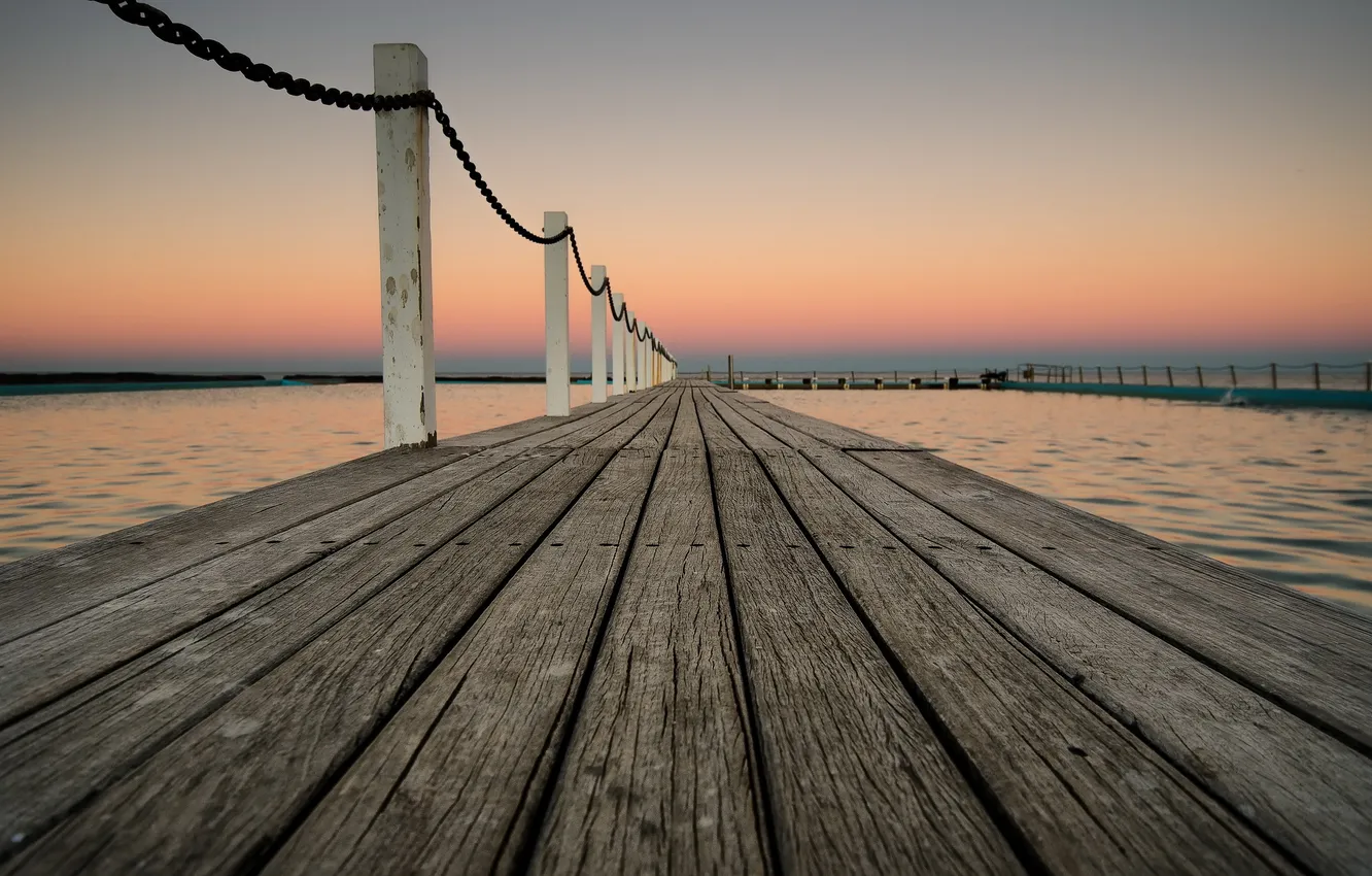 Photo wallpaper sea, landscape, sunset, bridge