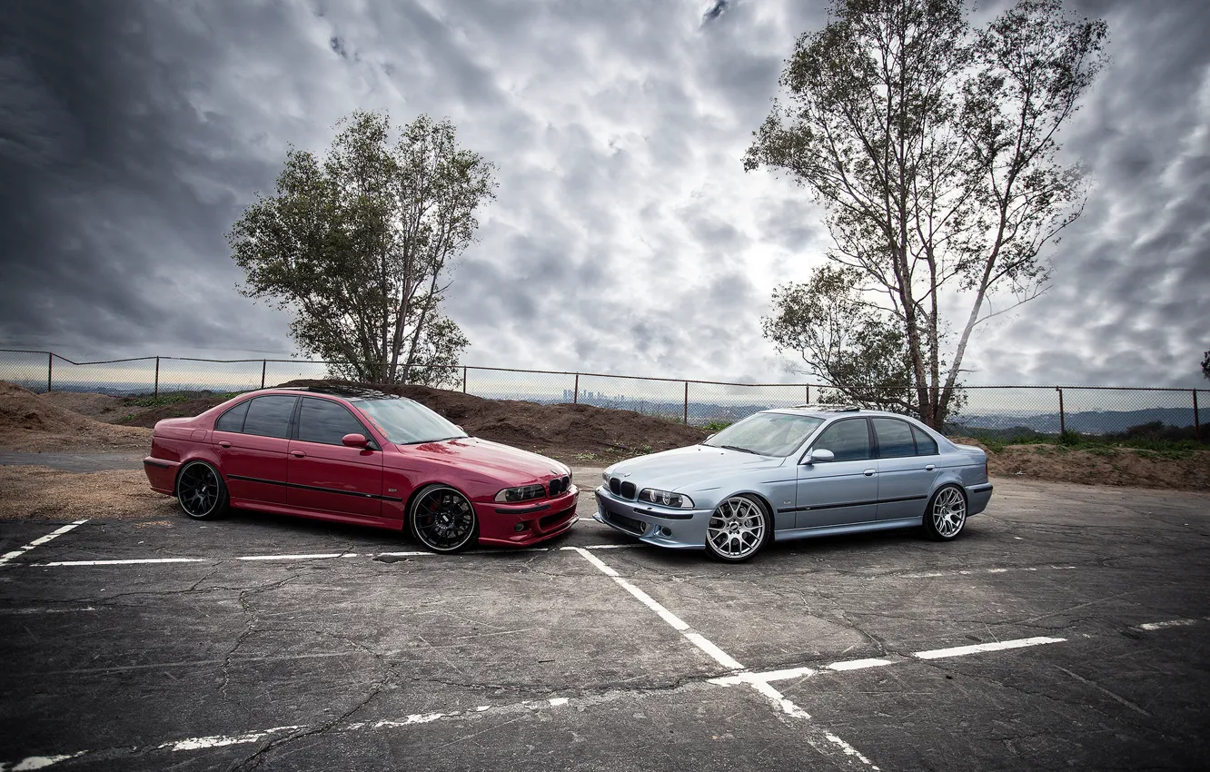 Photo wallpaper the sky, trees, red, clouds, blue, bmw, BMW, red
