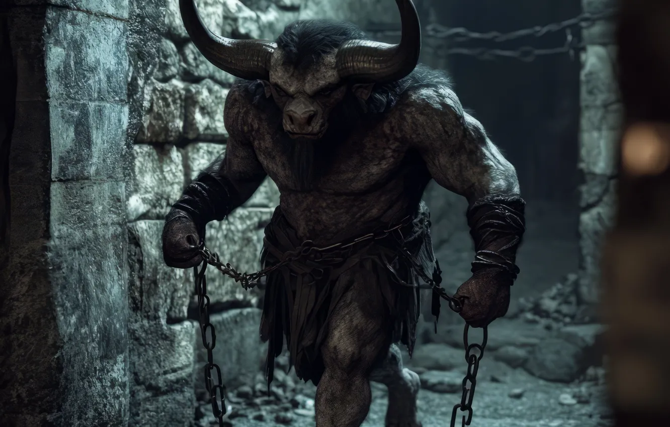 Photo wallpaper chain, horns, monster, the Minotaur, digital art, mythology, AI art, The Art of Artificial Intelligence
