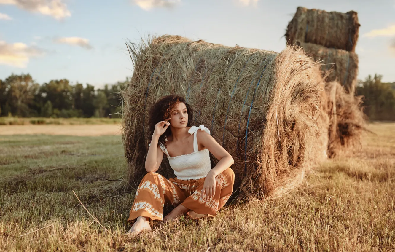 Photo wallpaper field, girl, nature, pose, hay, brown hair, curls, Denis After all