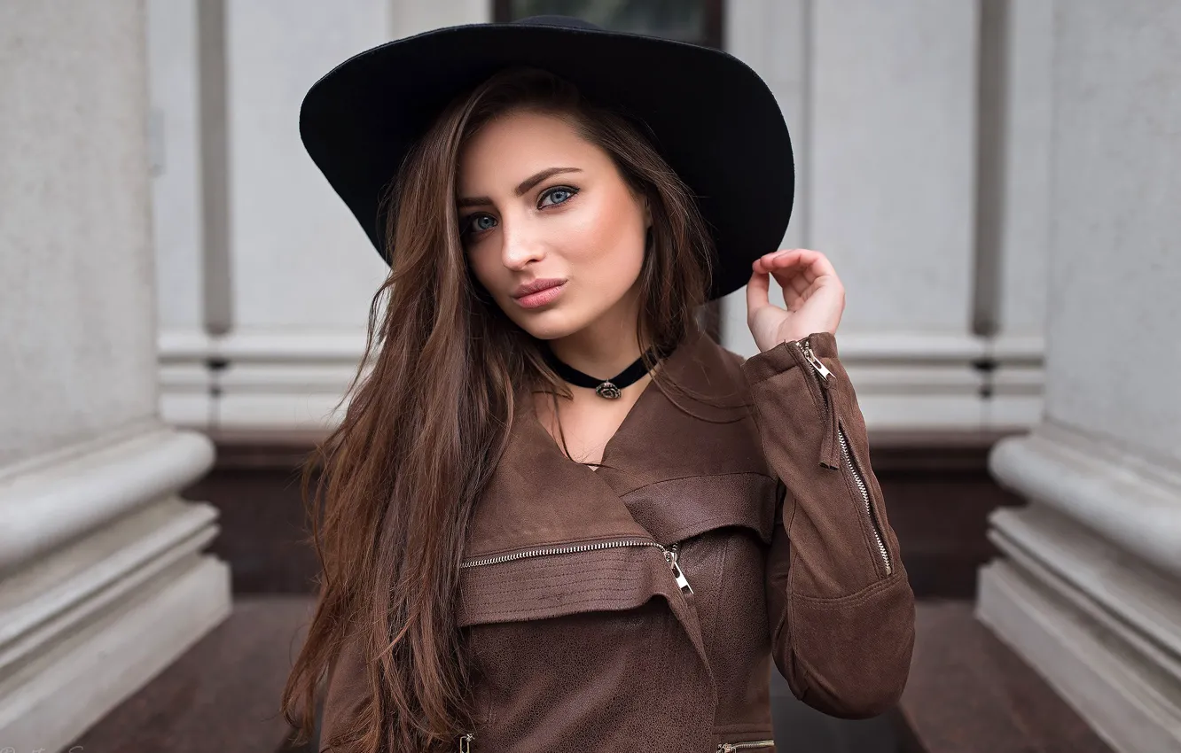 Photo wallpaper pose, model, portrait, hat, makeup, jacket, hairstyle, brown hair