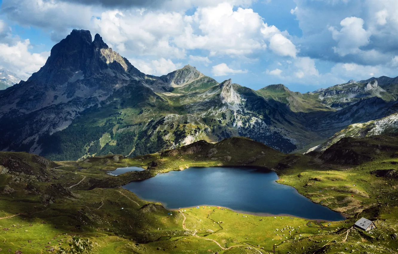 Photo wallpaper clouds, mountains, space, mountain lake, the beauty of nature, Picturesque Landscape, French Pyrenees, French Pyrenees