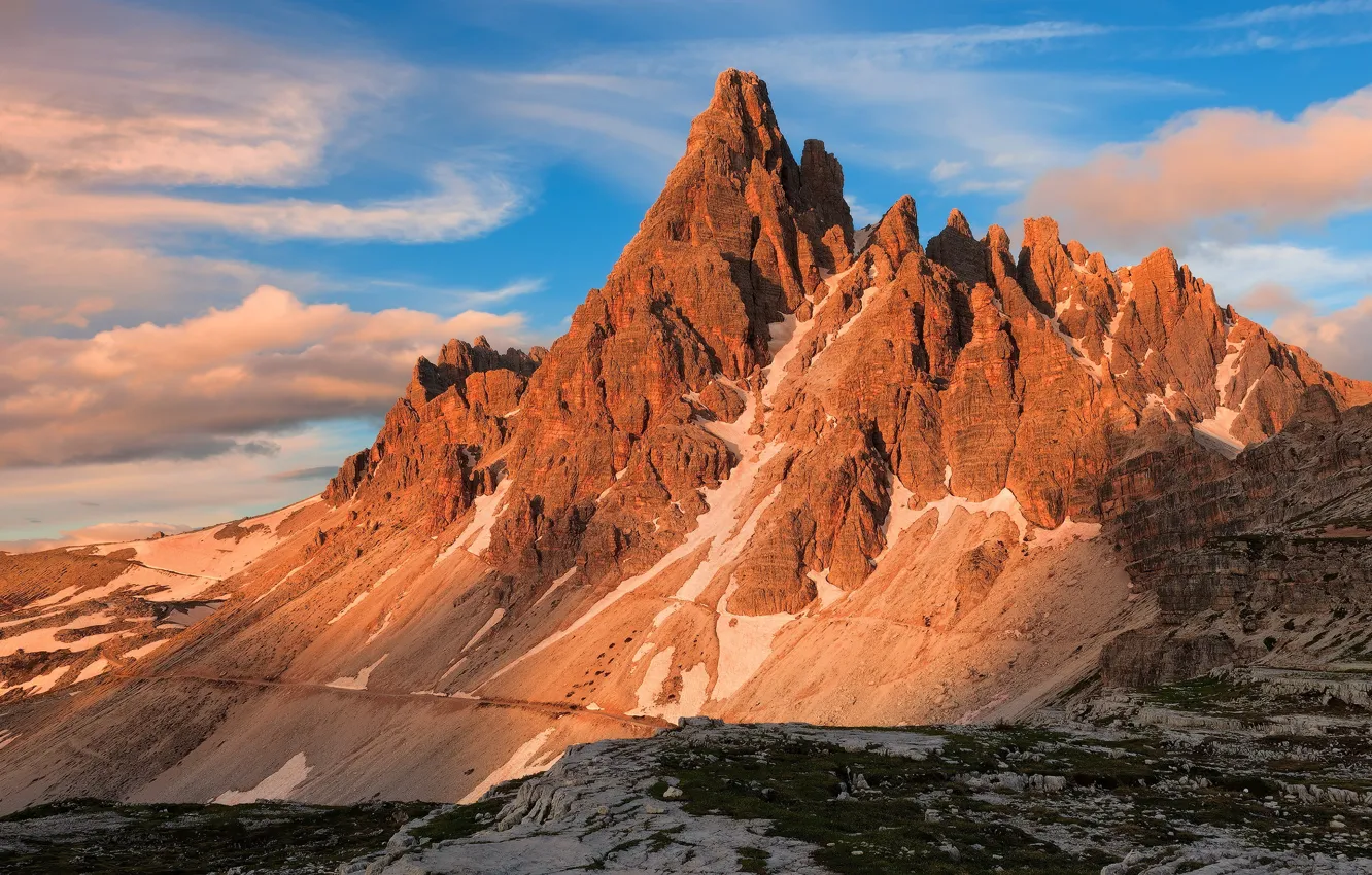 Photo wallpaper clouds, mountains, nature, blue, rocks, tops, height, the evening