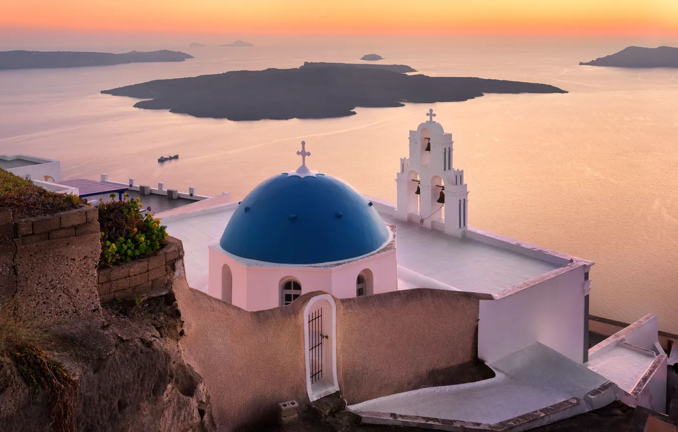 Photo wallpaper sea, landscape, sunset, the city, rocks, the evening, Santorini, Greece