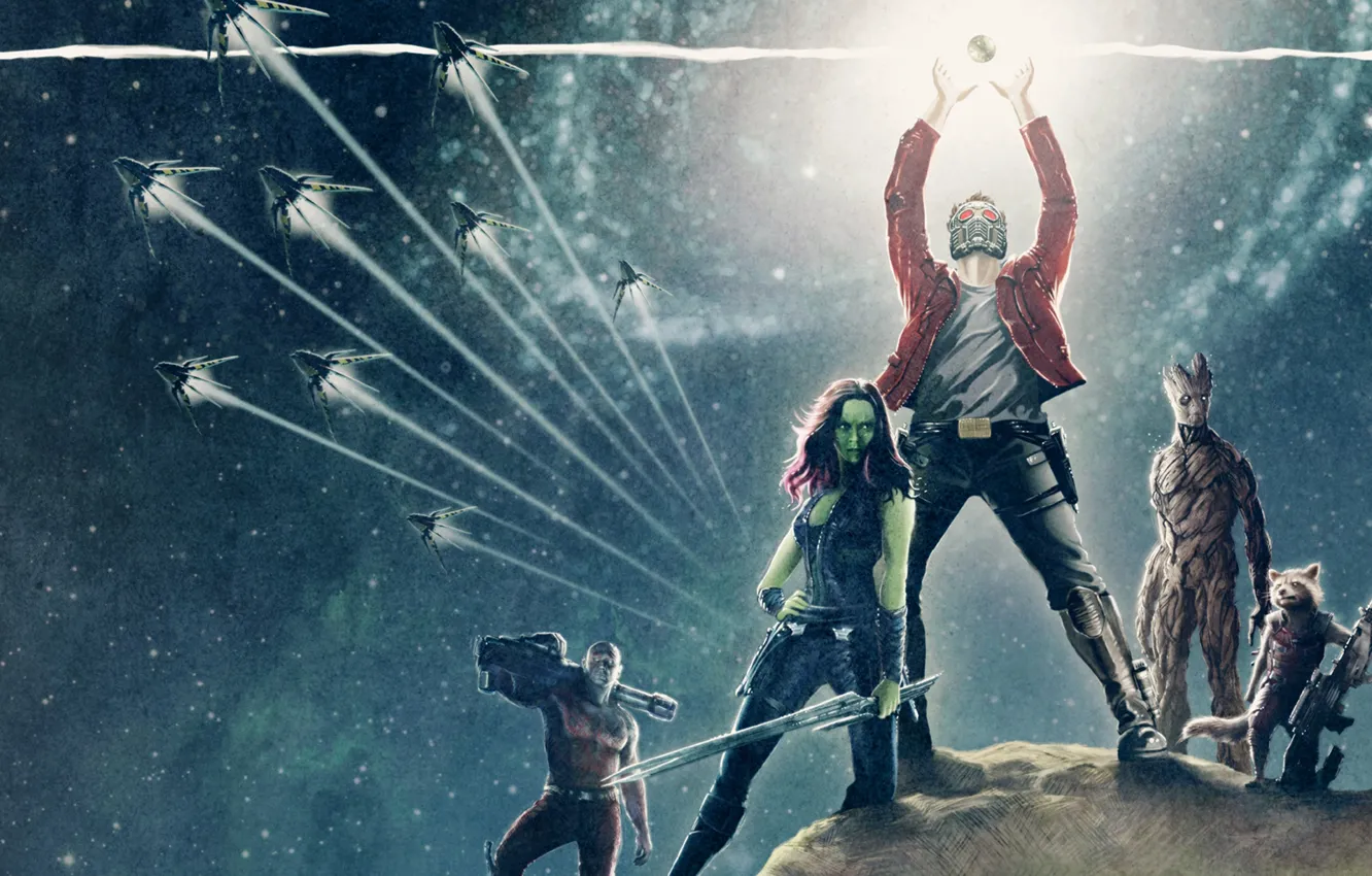 Photo wallpaper fan art, Rocket, Star-Lord, Guardians of the Galaxy, Gamora, Groot, Drax the Destroyer