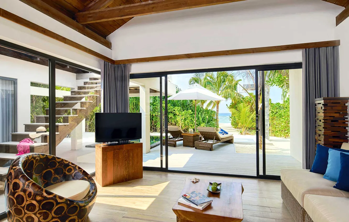 Photo wallpaper room, Villa, interior, resort, terrace, Maldives, Resort Kuredhivaru