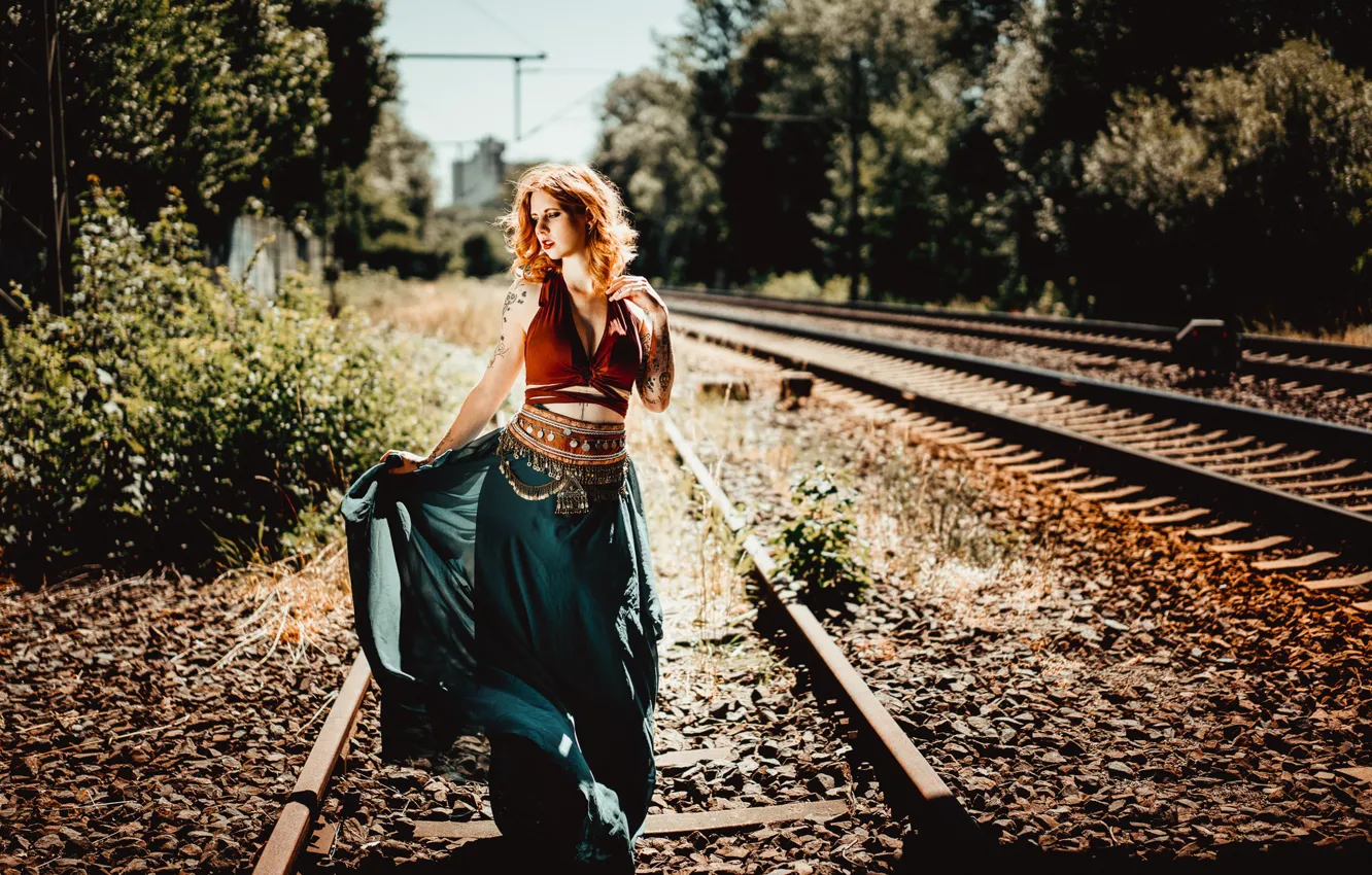 Photo wallpaper girl, railroad, Julia Wendt
