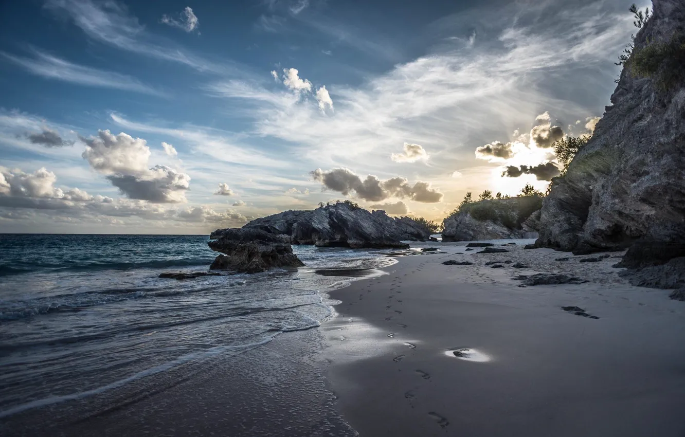Photo wallpaper sand, sea, wave, beach, the sky, water, clouds, sunset