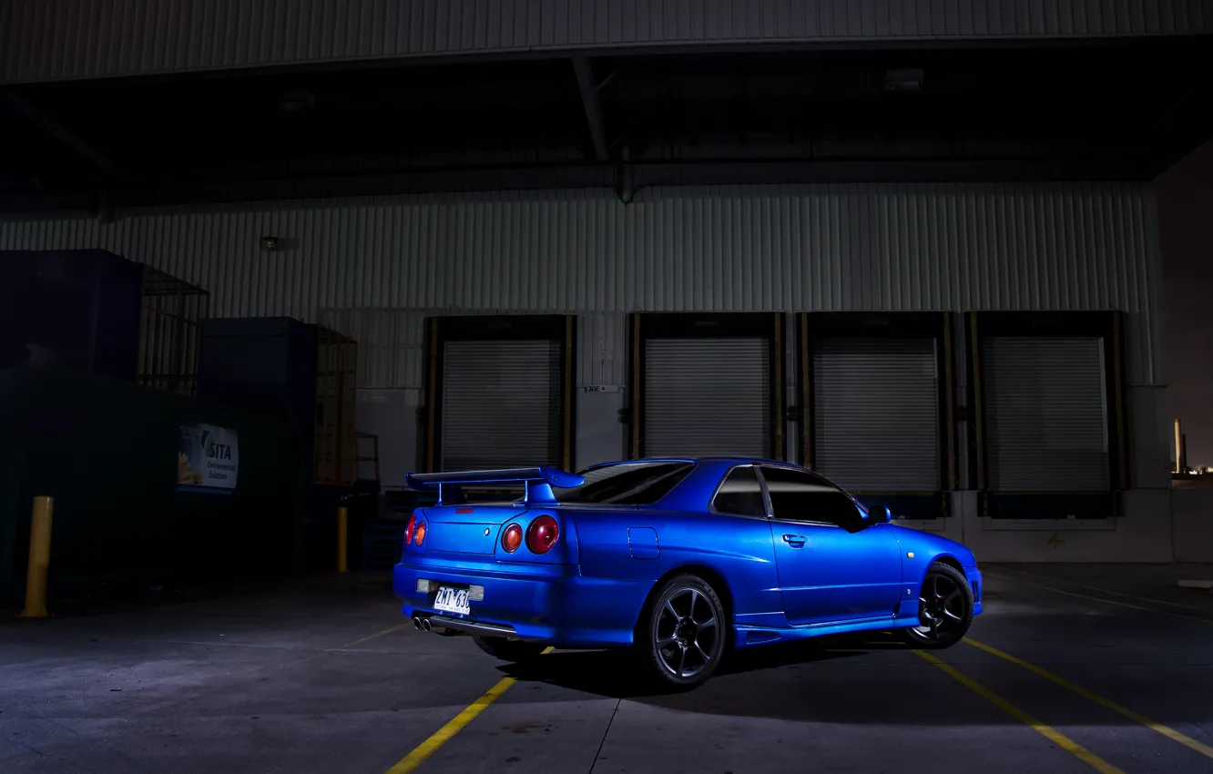 Photo wallpaper blue, shadow, nissan, skyline, Nissan, r34, back, wing