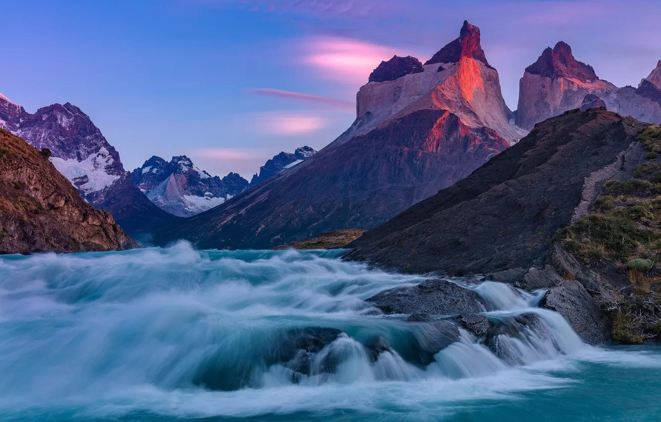 Photo wallpaper mountains, river, waterfall, Chile, Chile, Patagonia, Torres del Paine National Park, Torres del Paine