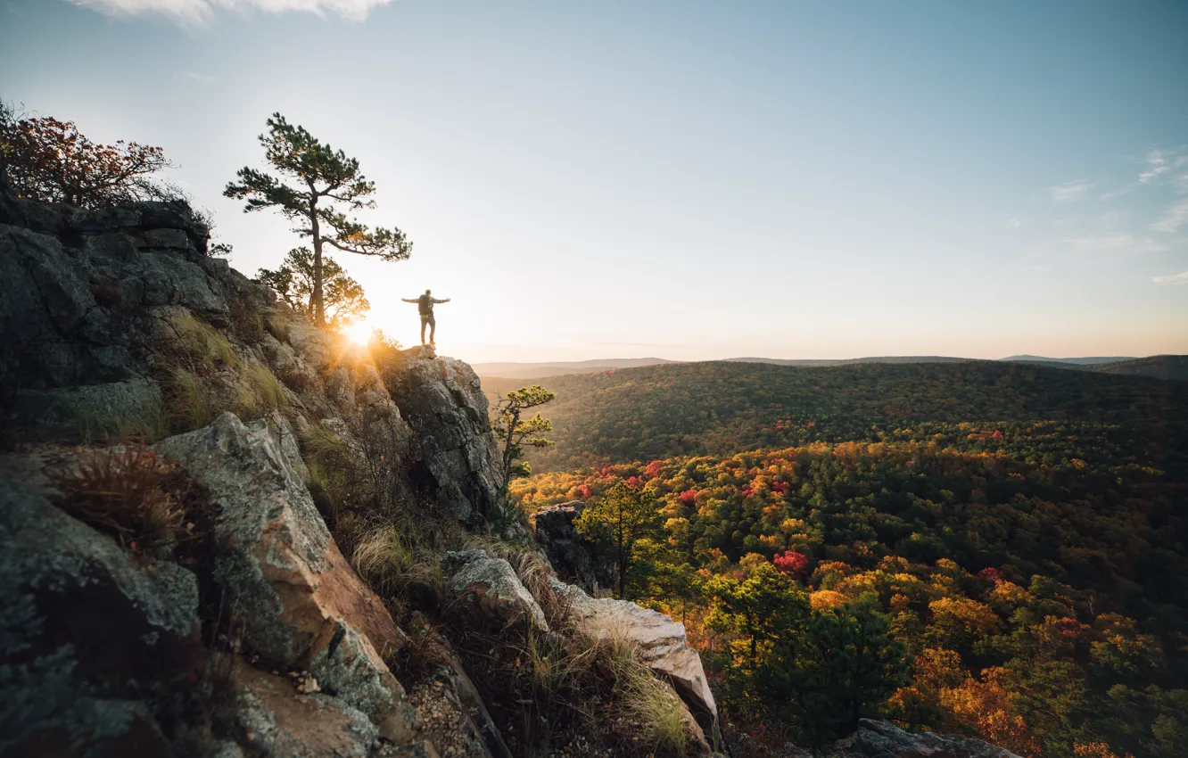 Photo wallpaper trees, sunset, rocks, people, USA, sunset, Arkansas, Arkansas