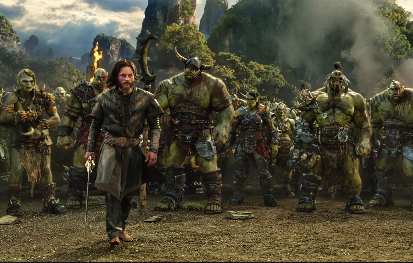 Photo wallpaper cinema, fire, battlefield, flame, sword, fantasy, game, forest