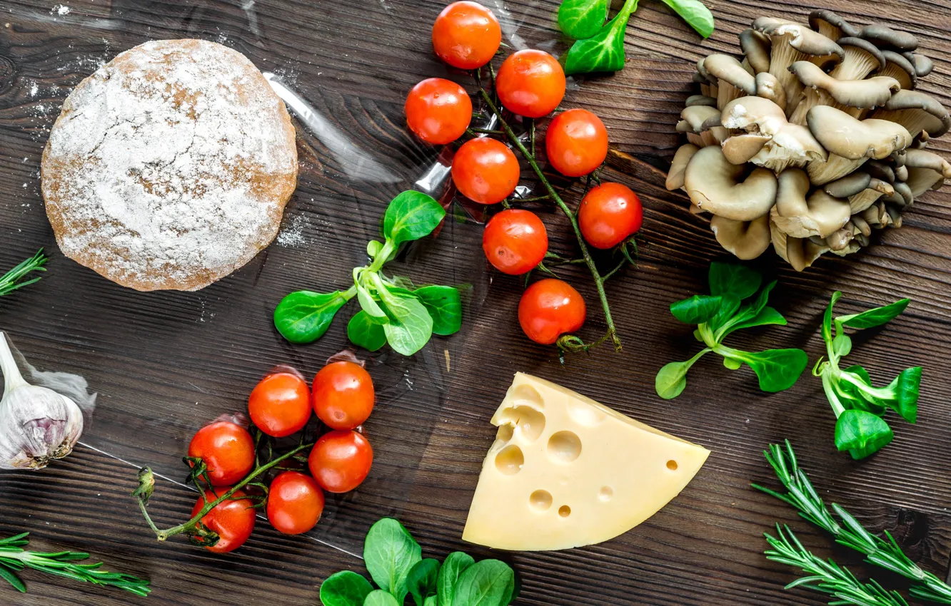 Photo wallpaper greens, mushrooms, cheese, tomato, garlic, the dough, billet