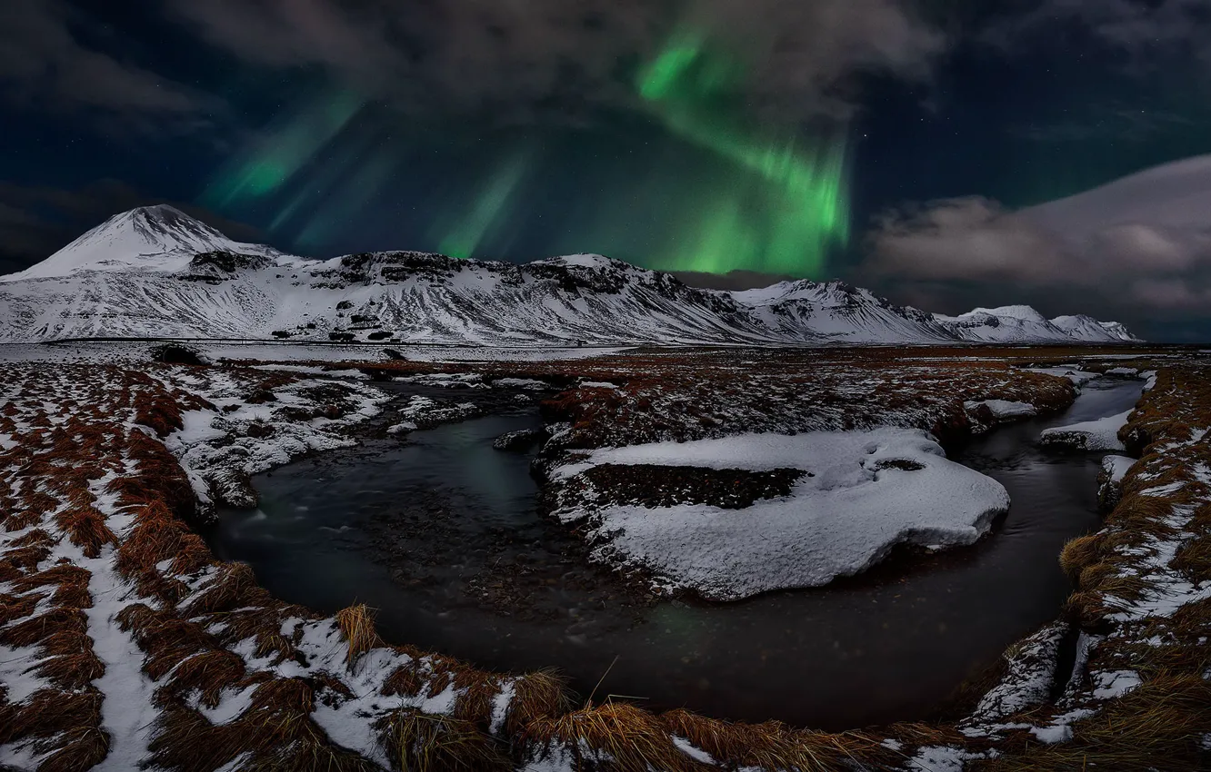 Photo wallpaper winter, mountains, night, Northern lights, Iceland