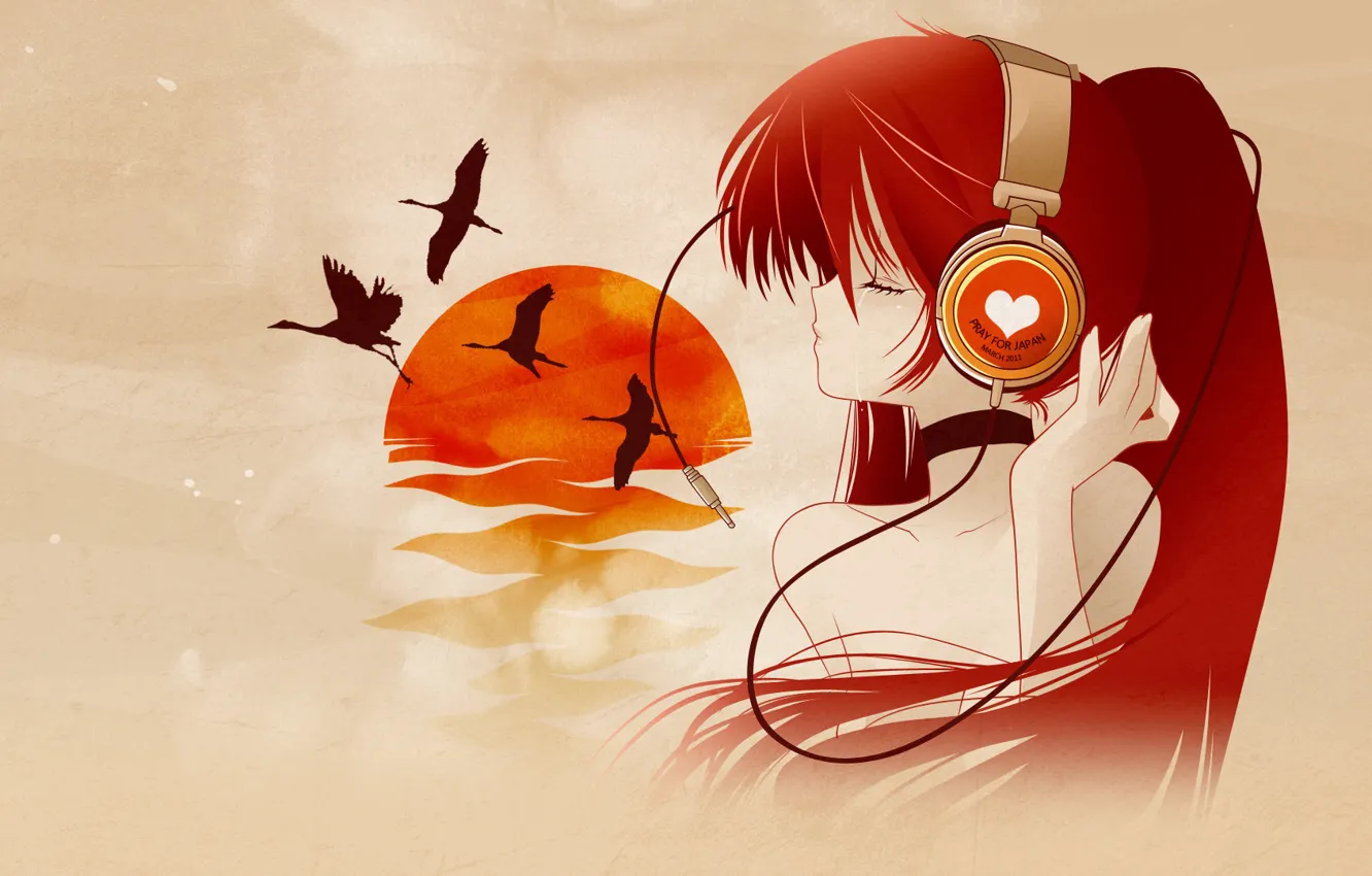 Photo wallpaper girl, sunset, birds, music, mood, anime, headphones, art