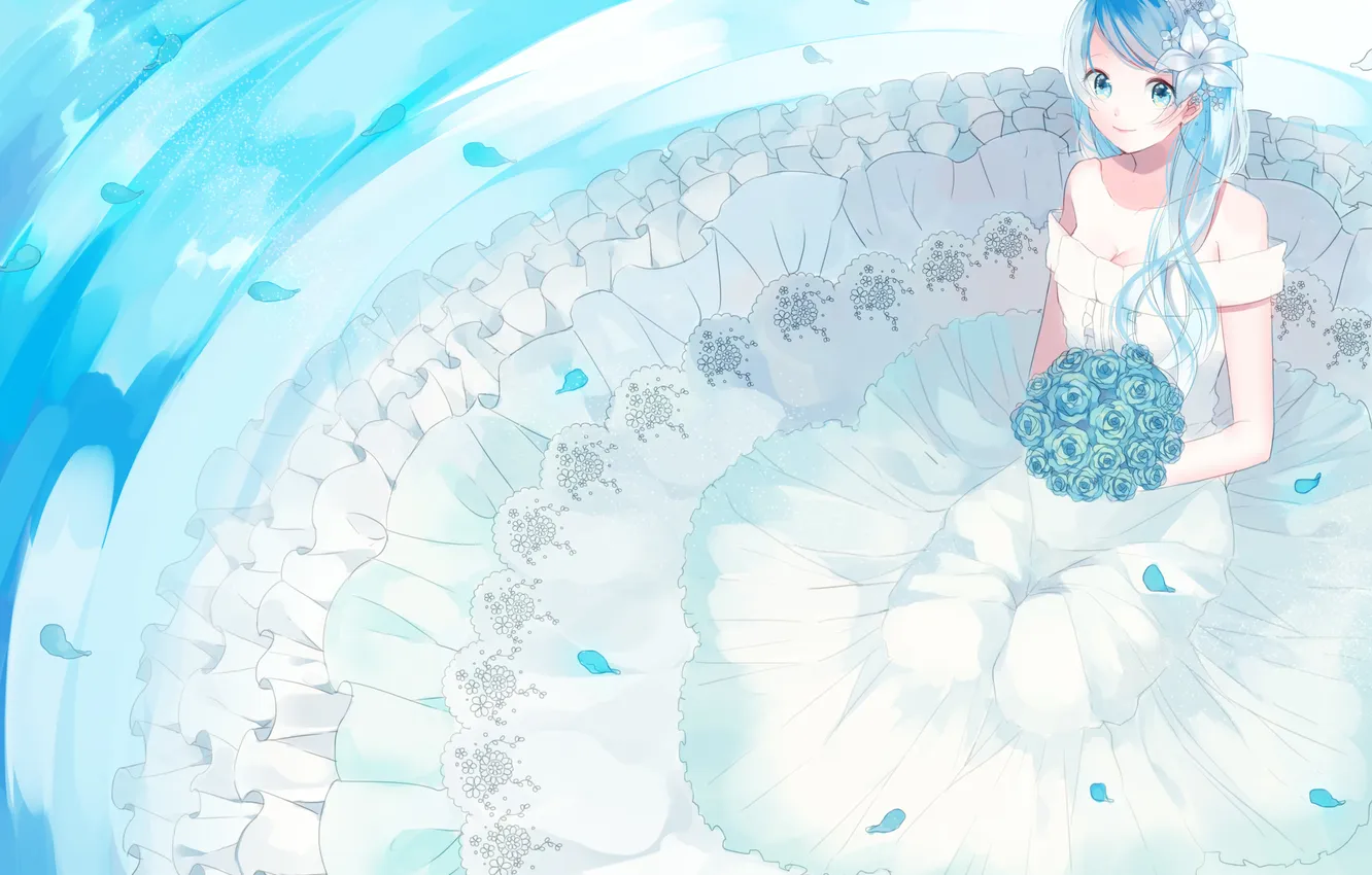 Photo wallpaper white, girl, blue, roses, bouquet, dress, art, sitting