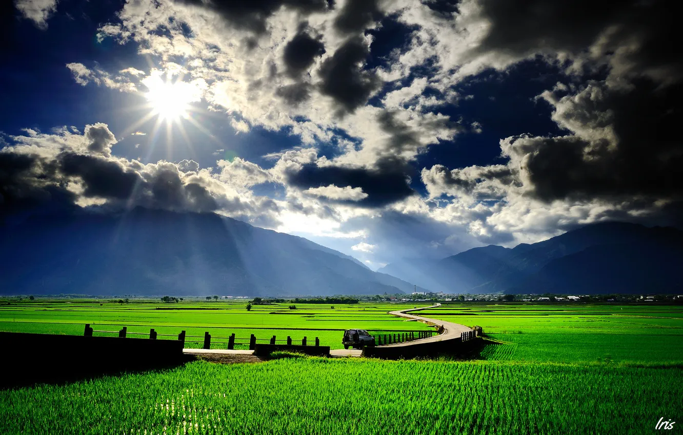 Photo wallpaper road, greens, field, machine, grass, the sun, clouds, hills