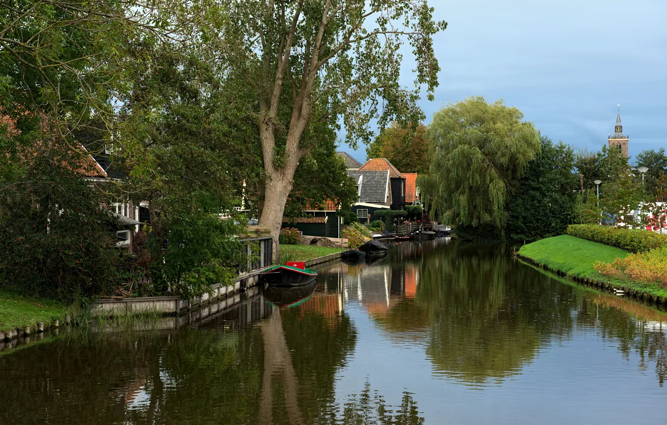 Photo wallpaper trees, boat, home, river, Netherlands, Alkmaar, The Ripe
