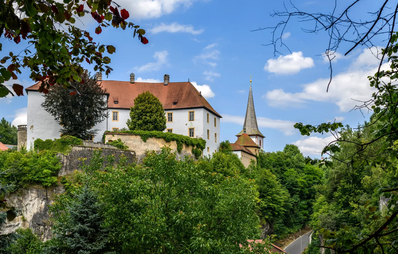 Photo wallpaper greens, the sky, the sun, clouds, trees, castle, rocks, Germany