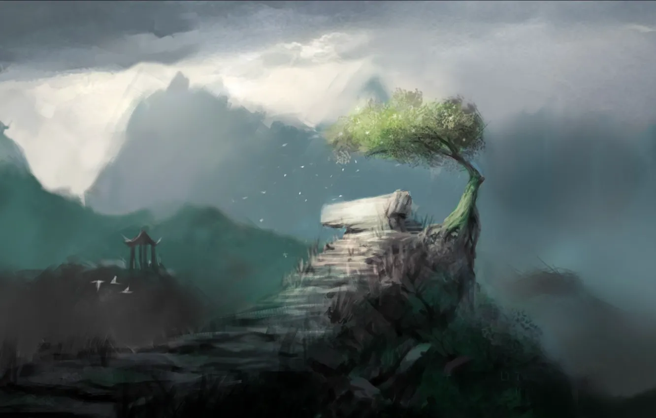 Photo wallpaper trees, mountains, rocks, art, gazebo, crooked