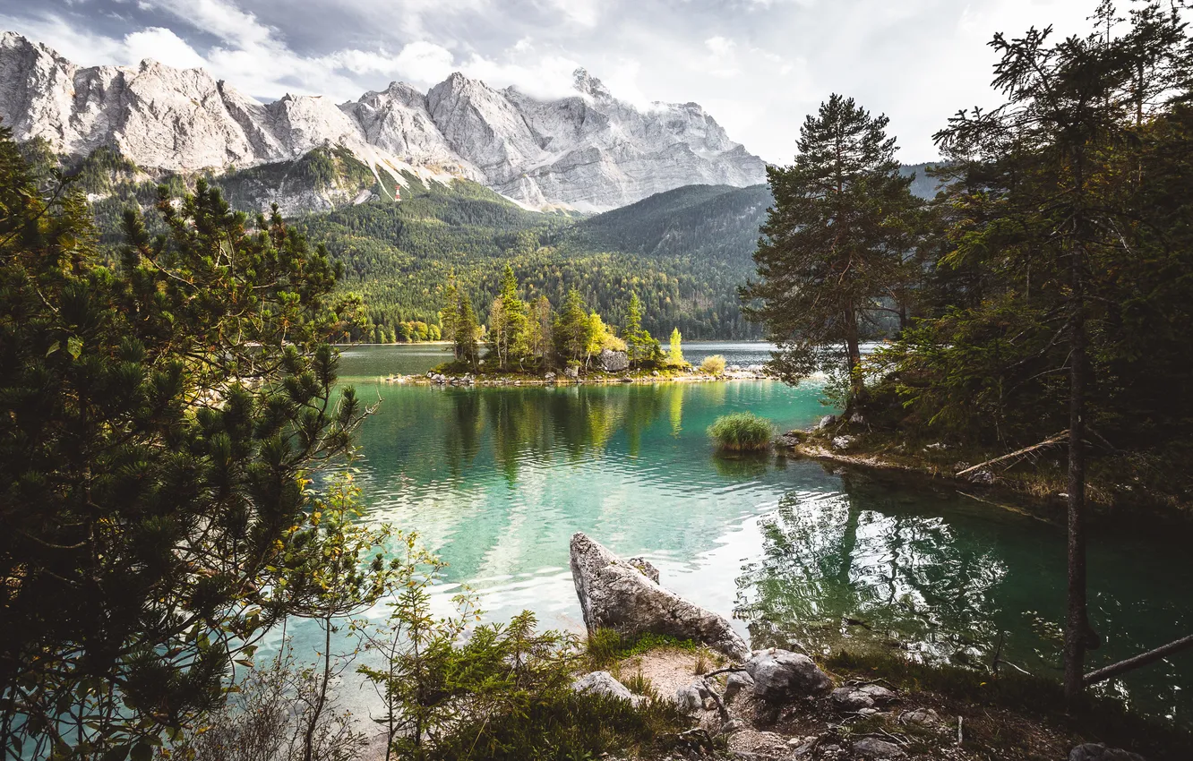 Photo wallpaper forest, mountains, lake, stones, shore, island, pine