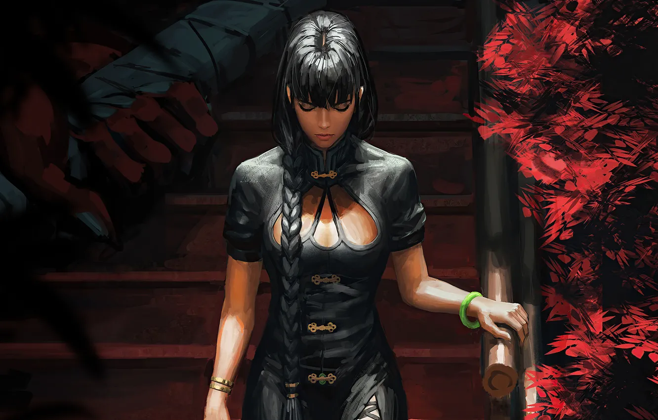 Photo wallpaper foliage, brunette, stage, bracelet, beautiful girl, big Breasts, Guweiz, long braid