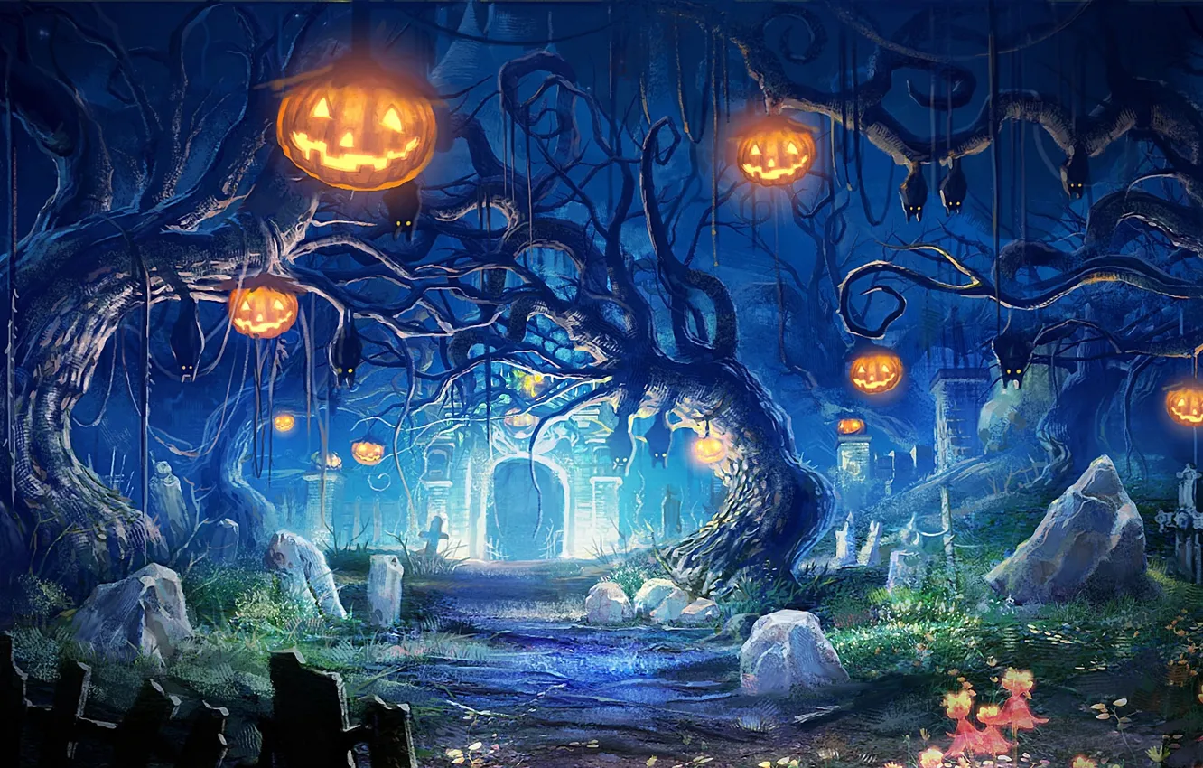 Photo wallpaper trees, night, lights, stones, graves, art, cemetery, pumpkin
