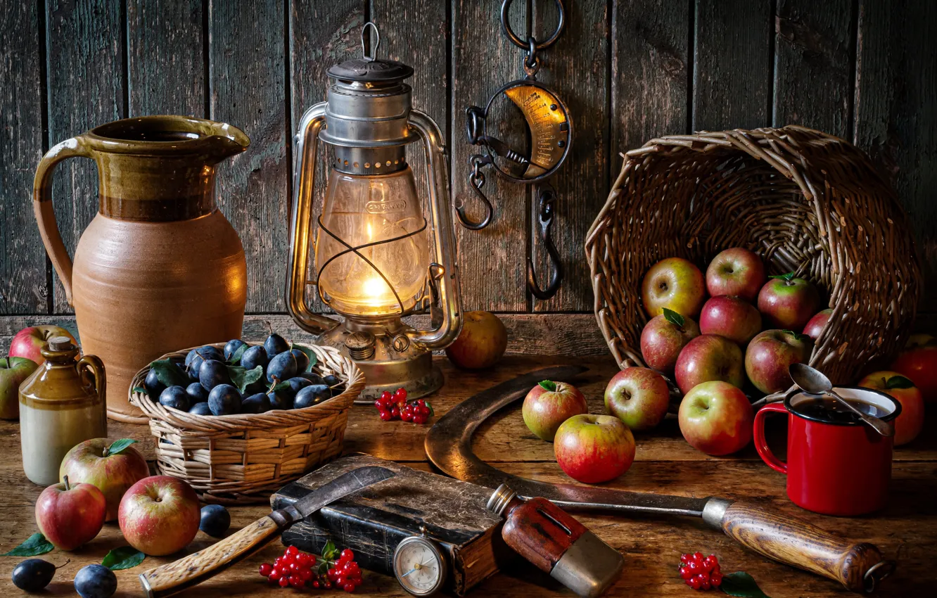 Photo wallpaper style, berries, basket, apples, mug, lantern, book, pitcher