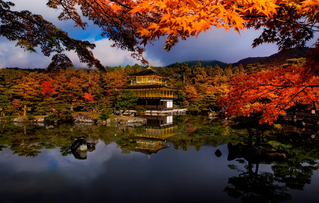 Photo wallpaper autumn, trees, branches, lake, house, Japan