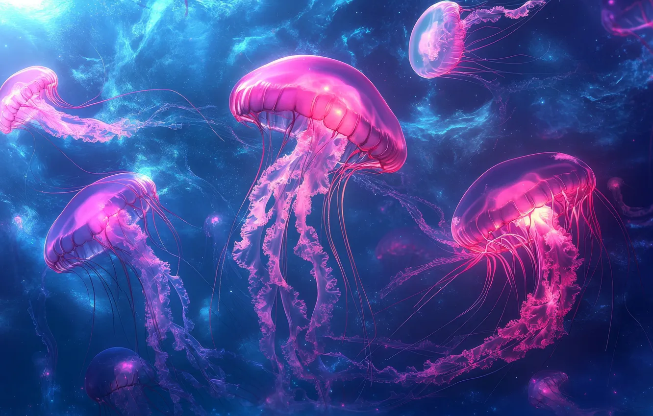 Photo wallpaper the ocean, glow, colorful, jellyfish, underwater, Jellyfish, ocean, colorful