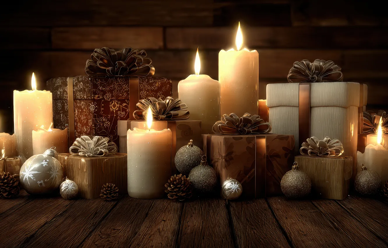 Photo wallpaper balls, the dark background, flame, Board, new year, candles, Christmas, the scenery